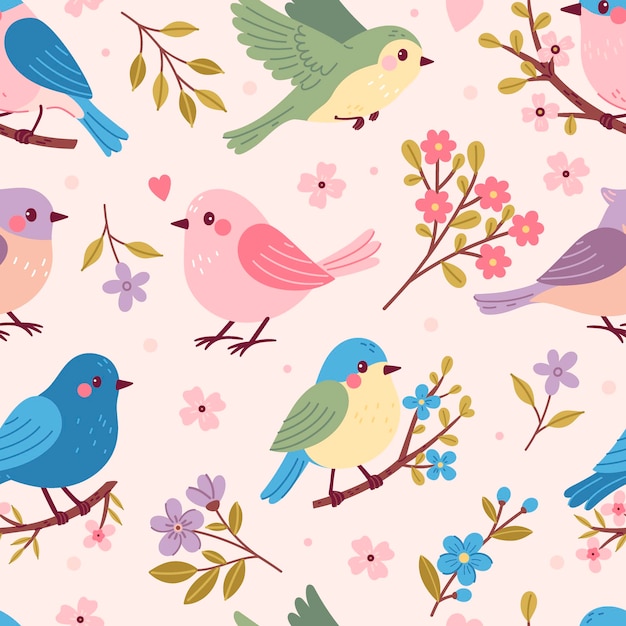 Plik wektorowy bezszwowy wzór uroczych wiosennych ptaków śpiewających i kwiatów