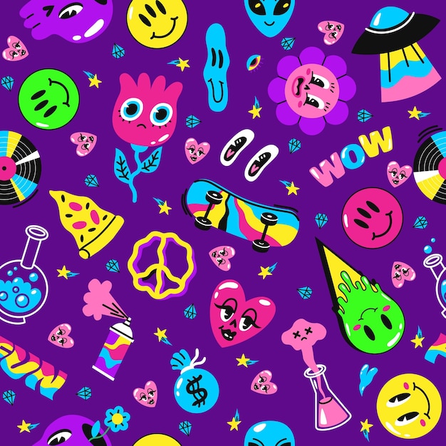 Bezszwowy wzór z abstrakcyjnymi wzorami Kwasowe kolory szalone trippy ikony i zwroty Hippy znak w stylu retro tło Dekor tekstylny papier opakowania tapeta Druk dla koncepcji wektorowej tkaniny