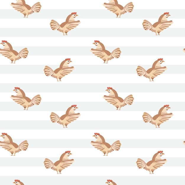 Plik wektorowy bezszwowy wzór z akwarelowym kogutem słodkie dziecięce tło akwarelowy kurczak tapeta w pastel