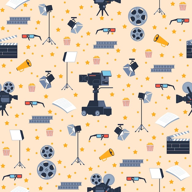 Bezszwowy wzór z elementami przemysłu filmowego Sprzęt filmowy kamery i światło Obiekty telewizyjne Tapeta lub projekt tła elementy stylu płaskiego kreskówki Koncepcja wektorowa