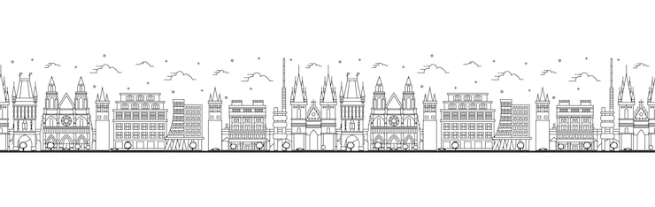 Wektor bezszwowy wzór z konturem praga republika czeska skyline miasta z zabytkowymi budynkami izolowanymi na białym krajobrazie miejskim pragi z punktami orientacyjnymi