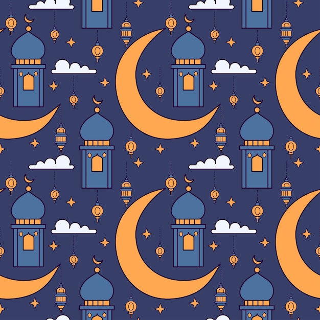 Bezszwowy wzór z meczetem, półksiężycem, gwiazdami i chmurami Ramadan kareem festiwalne tło