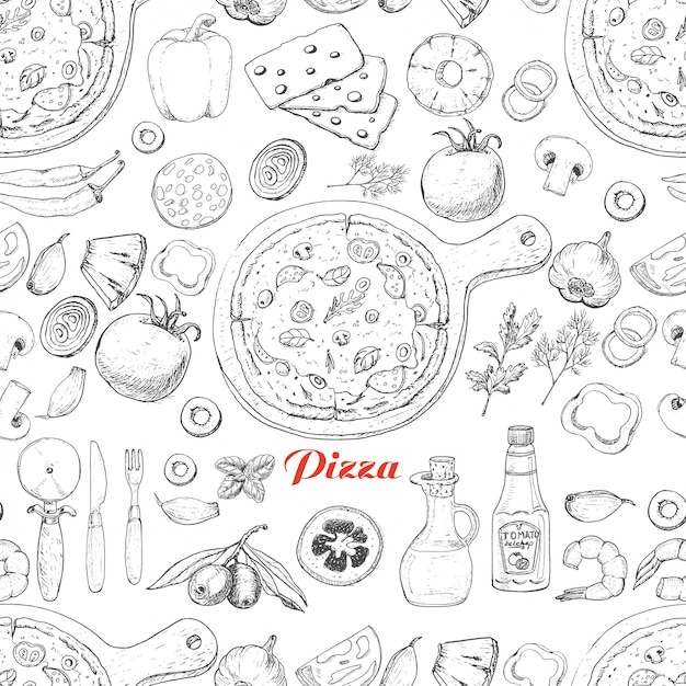 Bezszwowy wzór z pizzą i różnorodnymi produktami
