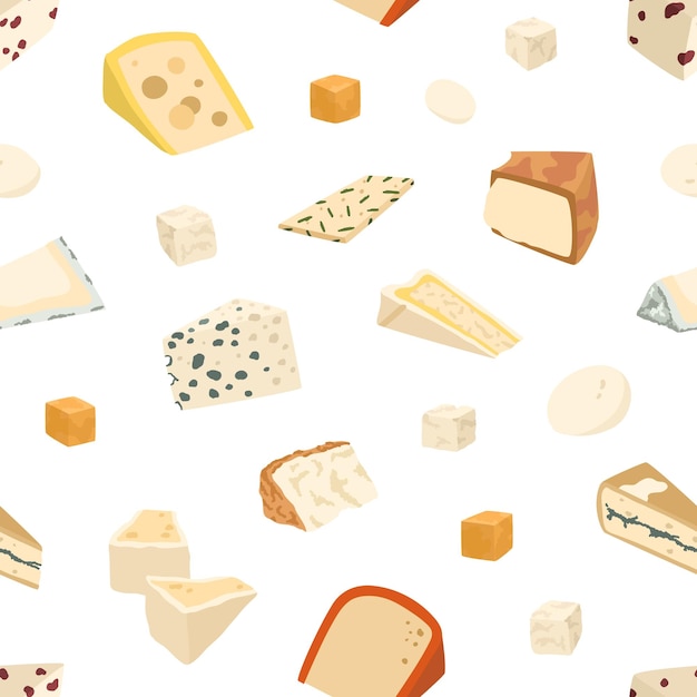 Bezszwowy wzór z różnymi kawałkami sera na białym tle. Niekończąca się powtarzalna tekstura gastronomiczna z kawałkami brie, camembert, cheddar, gouda i mozzarella. Kolorowa ilustracja wektorowa.