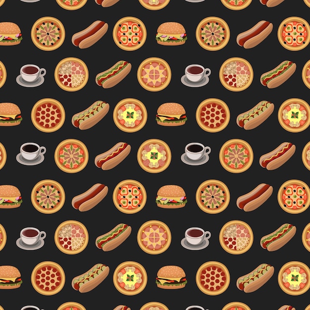 Bezszwowy wzór z różnymi okrągłymi pizzami, hot dogami, kawą, czerwoną herbatą na ciemnym tle