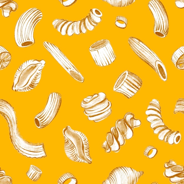 Bezszwowy wzór z różnymi rodzajami makaronu, takimi jak spaghetti i ravioli. Tło z włoskim jedzeniem do papieru do pakowania