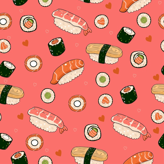 Bezszwowy wzór z sushi z sercami na różowym tle Grafika wektorowa