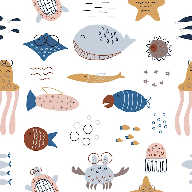 Bezszwowy Wzór Z Uroczymi Podmorskimi Mieszkańcami Kreatywne Dziecinne Tło Ilustracja Wektorowa
