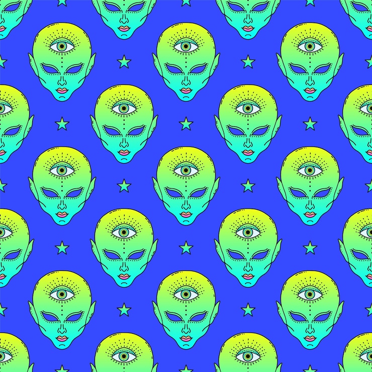 Wektor bezszwowy wzór zielonych obcych twarzy z trzecim okiem stylizowany w psychodelicznym stylu pop art