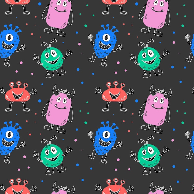 Bezszwy wzór dla dzieci z ręcznie narysowanymi kolorowymi potworami Doodle aliens Vector