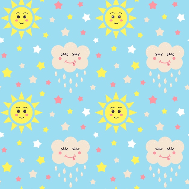 Bezszwy wzór z gwiazdami kawaii chmura i słońce Niebiański dziecięcy odcisk na pastelowo niebieskim tle