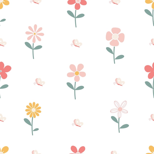 Plik wektorowy bezszwy wzór z kolorowymi kwiatami z kreskówek i motylem ładny element kwiat kolekcja wiosenna