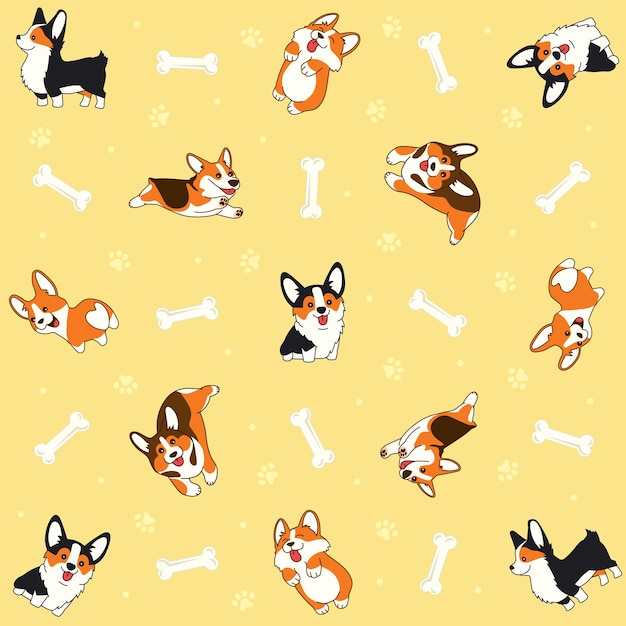Bezszwy wzór z psami corgi i kośćmi