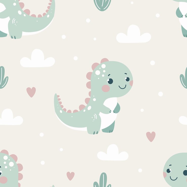 Bezszwy wzór z uroczymi dinozaurami i chmurami na kolorowym tle Ilustracja wektorowa