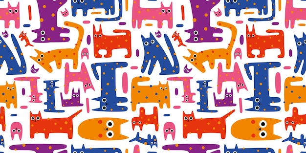 Bezszwy wzór z uroczymi zabawnymi kotami kolorowe kociaki w stylu kreskówki Moderna ilustracja wektorowa na białym tle ręcznie narysowana płaska konstrukcja