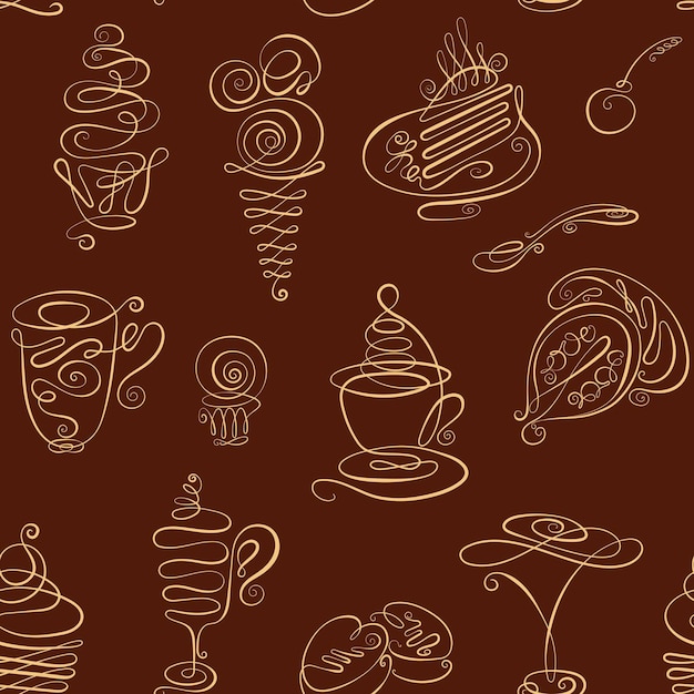 Bezszwykły Monochromatyczny Wzór Z Ręcznie Narysowanymi Liniami Artystycznymi, Rysunki Z Kawą, Herbatą, Latte, Cappuccino, Ciastami, Deserami, Czekoladą, Słodyczami, Ciastkami, Lodami Dla Twojego Projektu