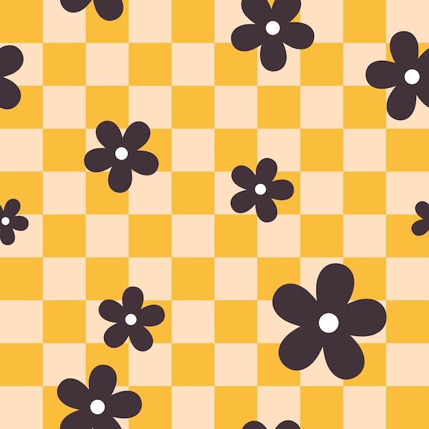 Bezszwykły, retro, groovy, szachowy wzór z czarnymi elementami kwiatowymi, proste kwiaty w stylu 1970