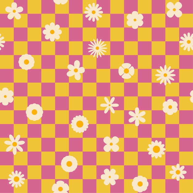Bezszwykły, retro, groovy, szachowy wzór z elementami kwiatowymi, proste kwiaty w stylu 1970 w rysunku