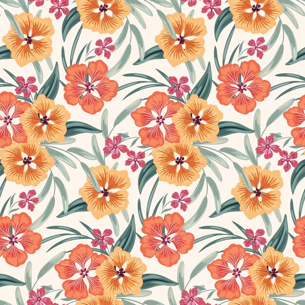 Bezszwykowy wzór kwiatowy z tropikalnymi kwiatami liście na jasnej powierzchni Retro styl ditsy print letnie tło botaniczne z pomarańczowymi kwiatami hibiskusa różne liście Wektor
