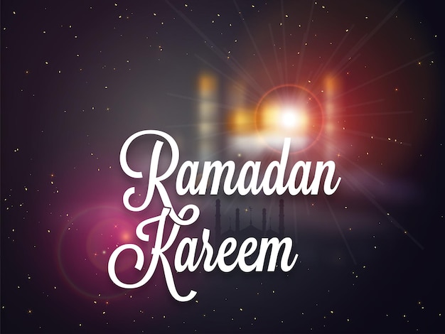 Plik wektorowy biała czcionka ramadan kareem z niewyraźnym błyszczącym czarnym tłem meczetu