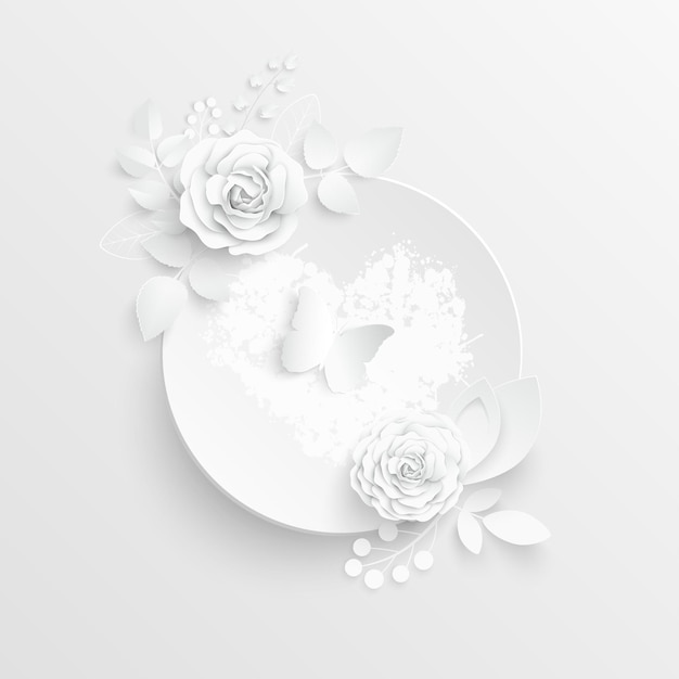 Biała Róża Okrągła Rama Z Abstrakcyjnymi Kwiatami Ciętymi Ilustracji Wektorowych