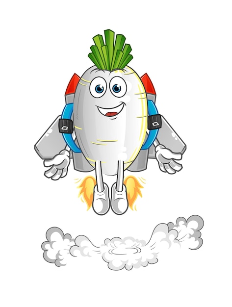 Biała rzodkiew z maskotką jetpack. kreskówka wektor