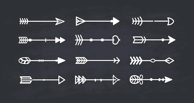 Plik wektorowy biała strzałka plemienna w nowym nowoczesnym stylu tablica strzałki ręcznie rysowane ikony ustawione na czarnej tablicy