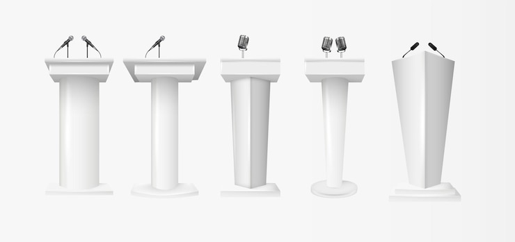 Wektor biała trybuna na podium stoi z mikrofonami trybuna na podium z mikrofonami izolowanymi dla bu