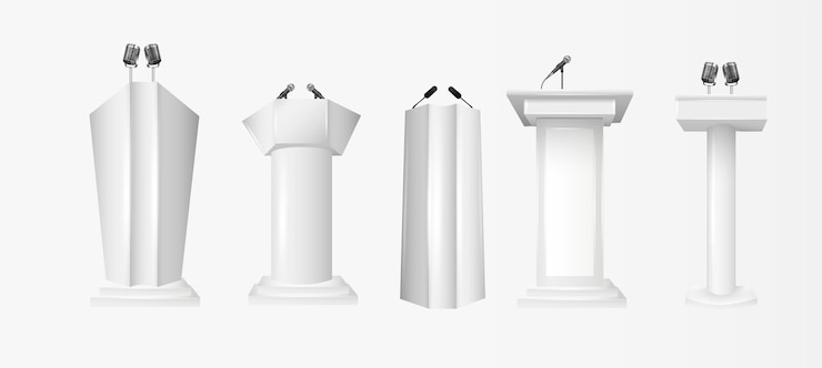 Wektor biała trybuna podium trybuna stoi z mikrofonami podium trybuna z mikrofonami na białym tle do prezentacji biznesowej konferencji ilustracja wektorowa