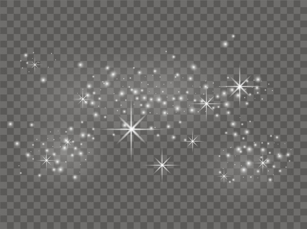 Białe iskry i gwiazdy błyszczą światłem VectorDust white Błyszczy z przezroczystym tłem Świąteczny abstrakcyjny wzór Błyszczące magiczne cząsteczki kurzu