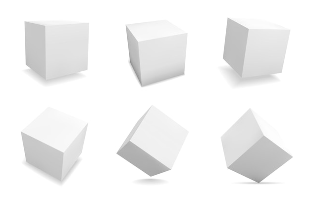 Białe kostki 3D Realistyczne kwadratowe kształty Odizolowane abstrakcyjne geometryczne puste figury ustawione z cieniem Widok z różnych stron na pusty szablon opakowania Pudełko Kolekcja minimalnych form wektorowych sześciennych