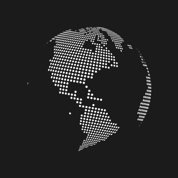 Białe Kropkowane 3d Globu Mapa świata Ziemi W Czarnym Tle. Ilustracja Wektorowa.
