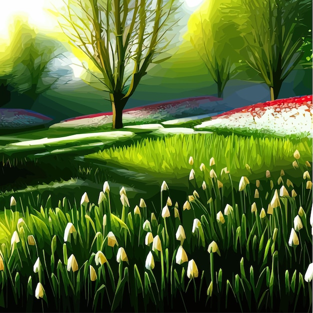 Plik wektorowy białe śnieżne kwiaty wielkanocne ze świeżymi zielonymi liśćmi na wiosnę w słonecznym lesie delikatne śnieżki