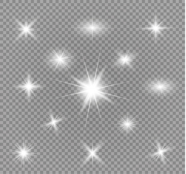 Białe świecące światło wybucha na przezroczystym tle. Lśniące magiczne cząsteczki kurzu. Jasna gwiazda. Przezroczyste świecące słońce, jasny błysk