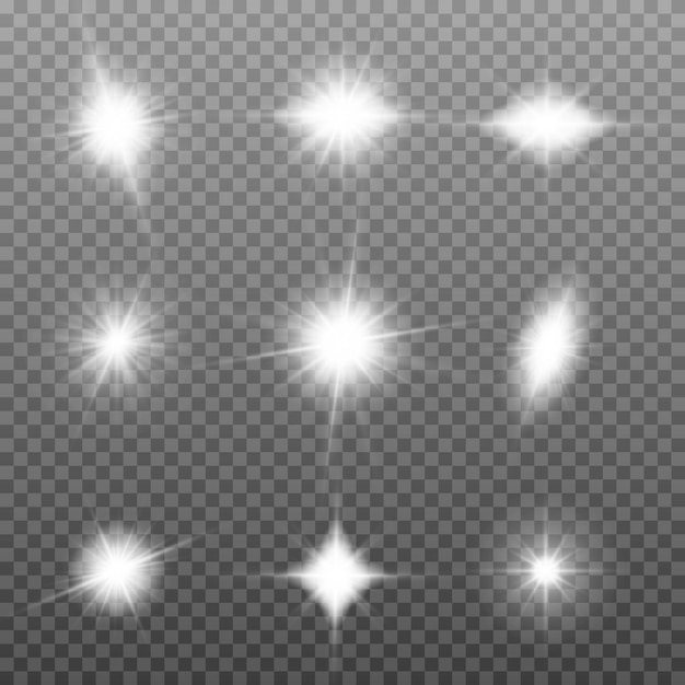 Białe świecące światło wybucha na przezroczystym tle. Lśniące magiczne cząsteczki kurzu. Zestaw jasnej gwiazdy. Przezroczyste świecące słońce, jasne błyski błysku Aby wyśrodkować jasny błysk
