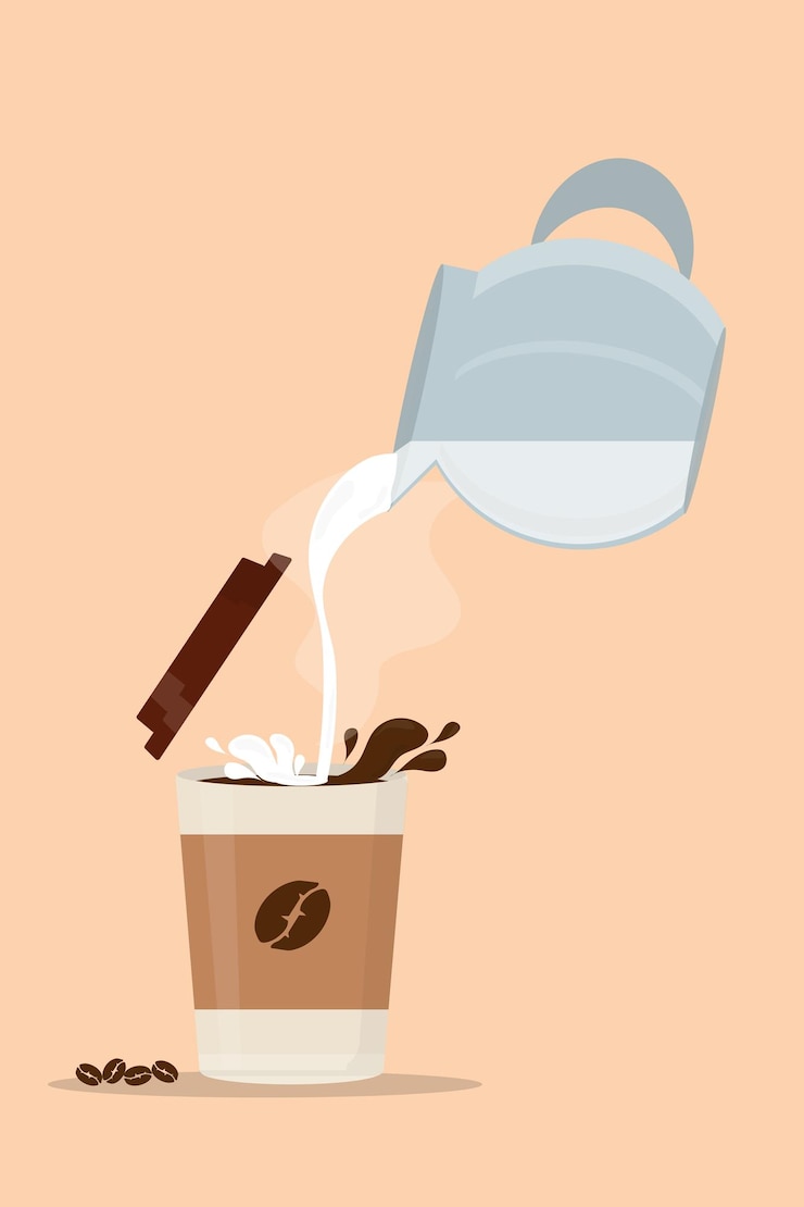 Białe świeże mleko wlewające się do papierowego kubka z kawą latte cappuchino espresso