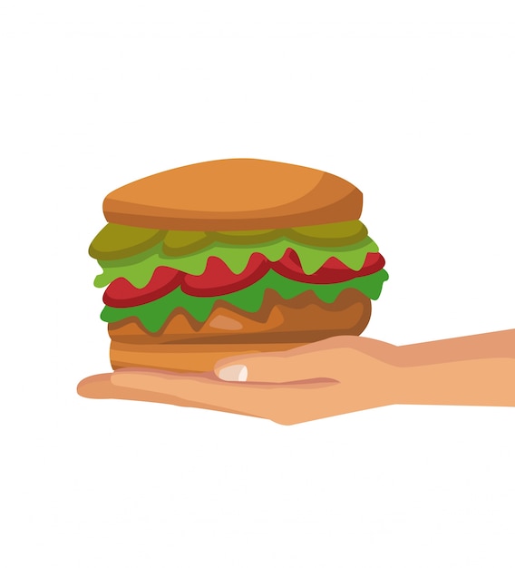 Białe Tło Z Kolorowe Ręce Gospodarstwa Fast Food Hamburger