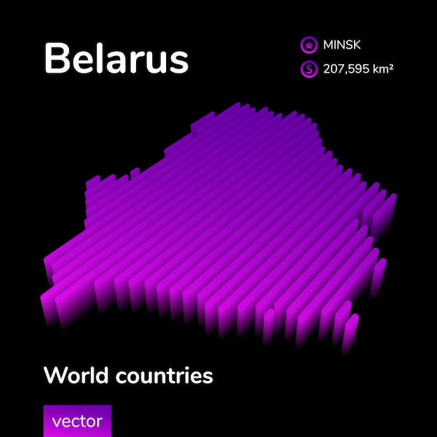 Białoruś Mapa 3d Stylizowana Neonowa Cyfrowa Izometryczna Mapa Wektorowa W Paski W Fioletowo-różowych Kolorach