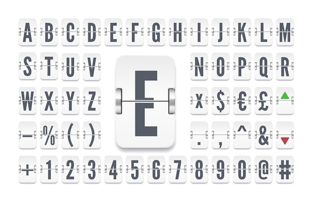 Biały Alfabet Z Klapką Linii Lotniczych Do Odliczania Lub Kursów Giełdowych Ilustracja Wektorowa Mechanicznej Czcionki Tablicy Wyników Terminala Lotniska Do Wyświetlania Informacji O Odlocie Lub Finansach