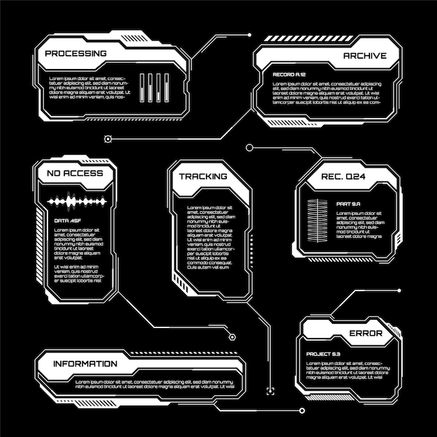 Biały futurystyczny HUD elementy interfejsu użytkownika Scifi pudełka tekstowe wywołania ramki wiadomości ostrzegawczych pudełki informacyjne nowoczesny układ interfejsu gry w stylu cyfrowym szablon ilustracji wektorowej