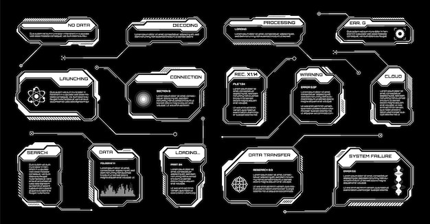 Biały futurystyczny hud ui elementy scifi interfejs użytkownika pudełka tekstowe wezwania ramki wiadomości ostrzegawczych