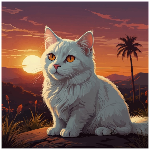 Plik wektorowy biały kot z pomarańczowymi oczami siedzi na skale przed zachodem słońca