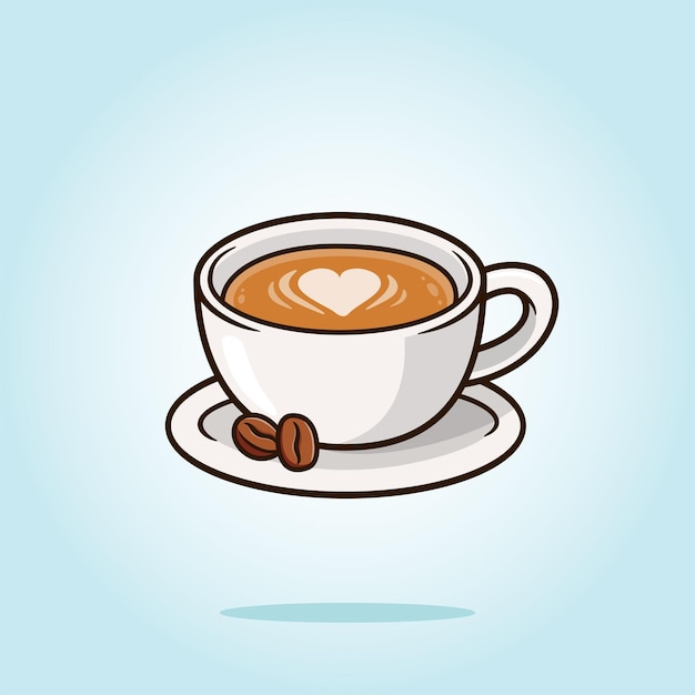 Biały kubek kawy cappuccino latte w kształcie serca z ilustracją wektorową z ziaren kawy