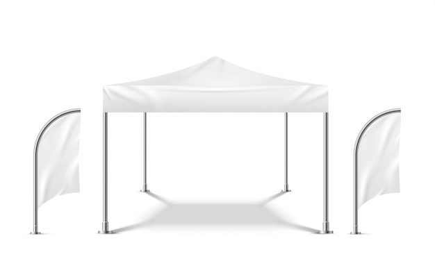 Biały Namiot Z Flagami. Promuj Namiot Imprezowy Makieta Wydarzenie Na Zewnątrz Pawilon Materiał Mobilny Namiot Kempingowy Szablon