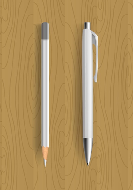 Biały Ołówek I Długopis Na Drewnianym Stole