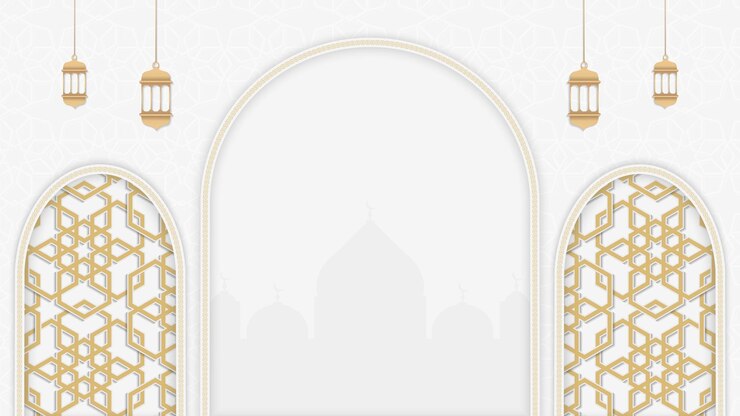 Biały ramadan Kareem Islamska ramka Tło z latarniami i wzorami geometrycznymi