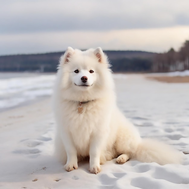 Plik wektorowy biały samojed jest na śnieżnej plaży na łotwie