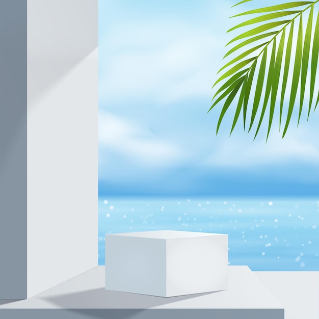 Biały wyświetlacz podium z palmą do prezentacji produktów, letnia plaża z błękitnym morzem
