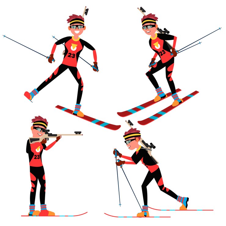 Wektor biathlon męski gracz wektor. w akcji. konkurs biathlonowy dla sportowców na nartach. sprzęt sportowy. postać z kreskówki