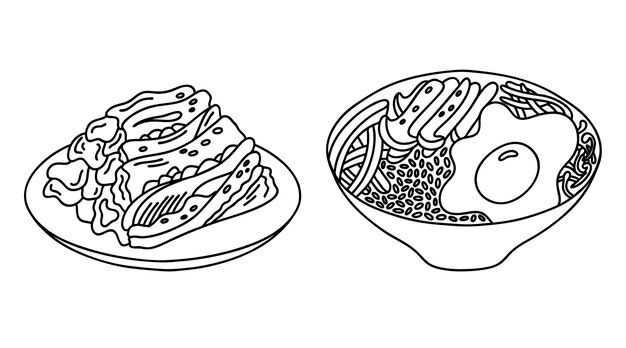 Bibimbap I Kimchi Koreańskie Jedzenie Wektor Zarys Zestaw